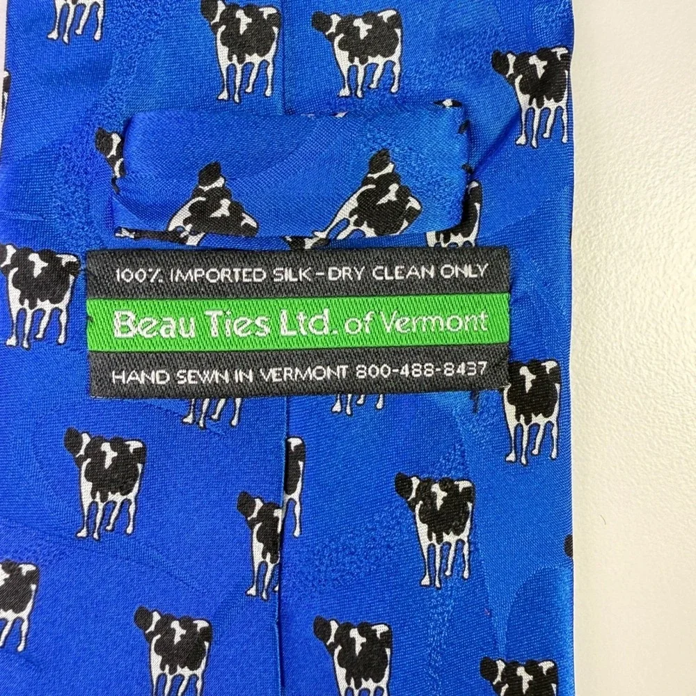 Beau Ties Ltd of Vermont Mens Blue Cow Print Silk Neck‎ Tie Hand Sewn in Vermont
